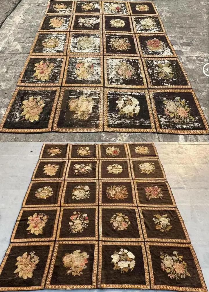 Avant et après nettoyage d'un tapis à caissons de style Aubusson
