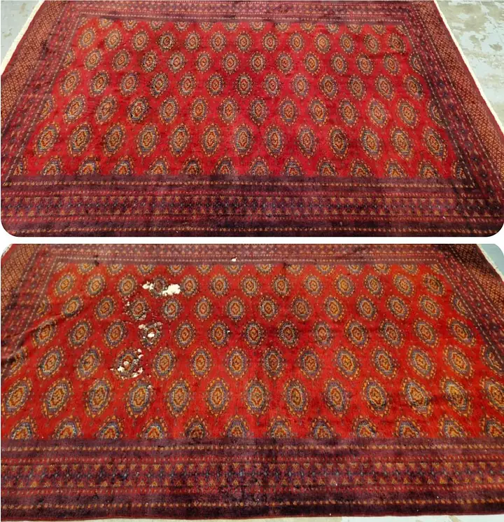 Avant et après nettoyage d'un tapis Boukhara rouge à guls