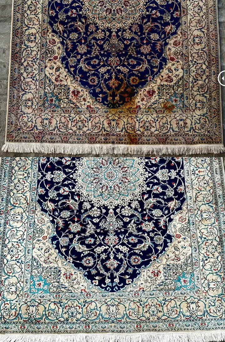 Avant et après nettoyage d'un tapis Nain bleu : franges jaunies puis fond bleu profond