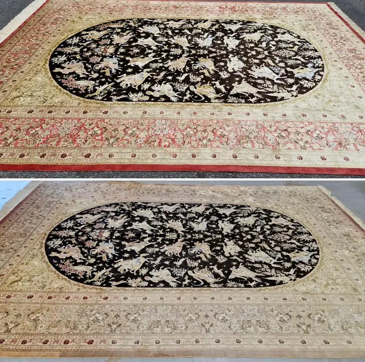 Avant et après nettoyage d'un tapis persan à médaillon : velours terni puis couleurs ravivées
