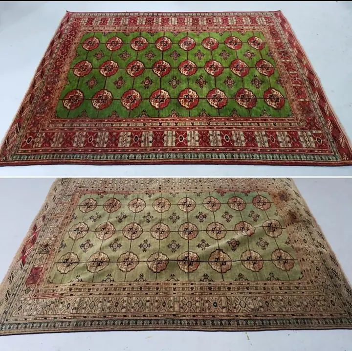 Avant et après recoloration d'un tapis Boukhara au fond passé