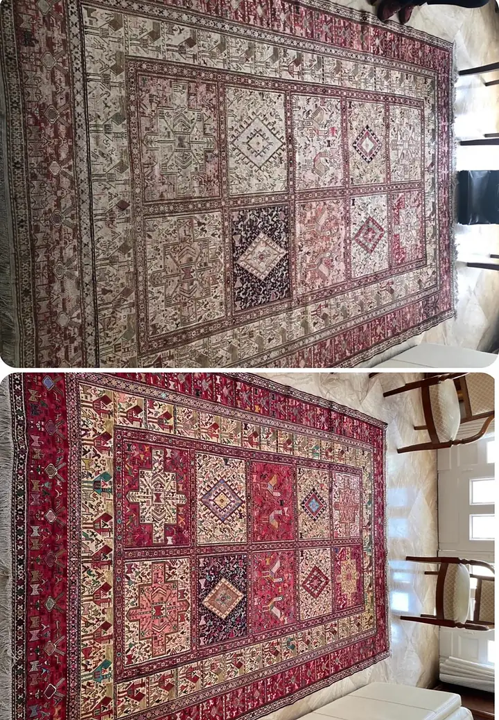 Avant et après recoloration d'un tapis à caissons entièrement délavé