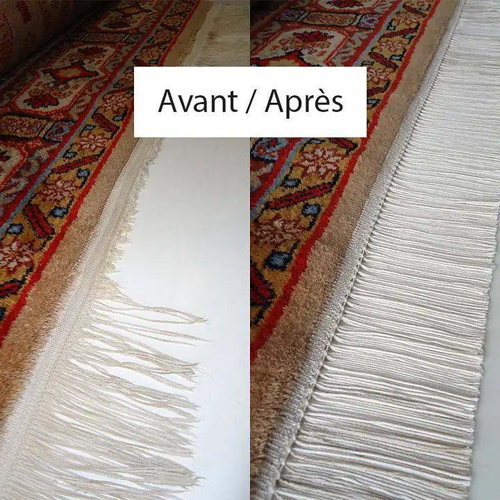 Avant et après réfection complète des franges sur la tête d'un tapis d'Orient