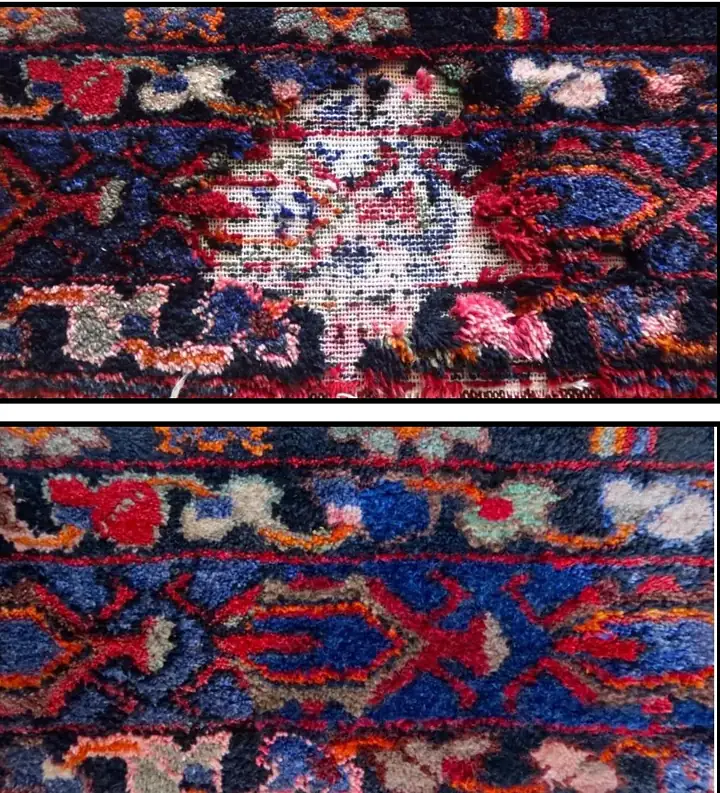 Avant et après reconstitution d'un motif effacé par l'usure sur un tapis à fond bleu