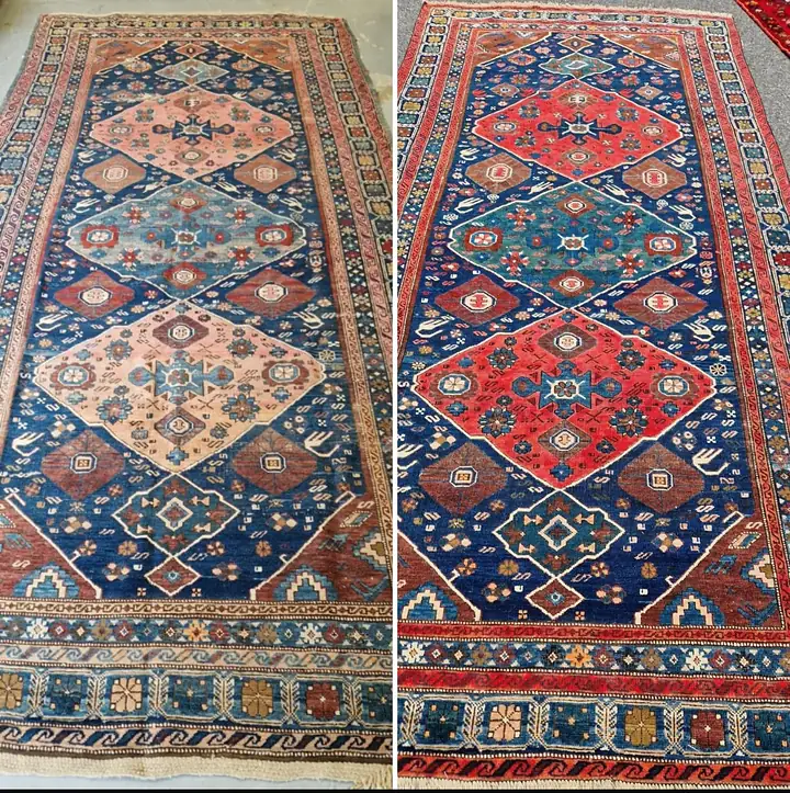 Avant et après remise en état d'un tapis de couloir aux couleurs éteintes