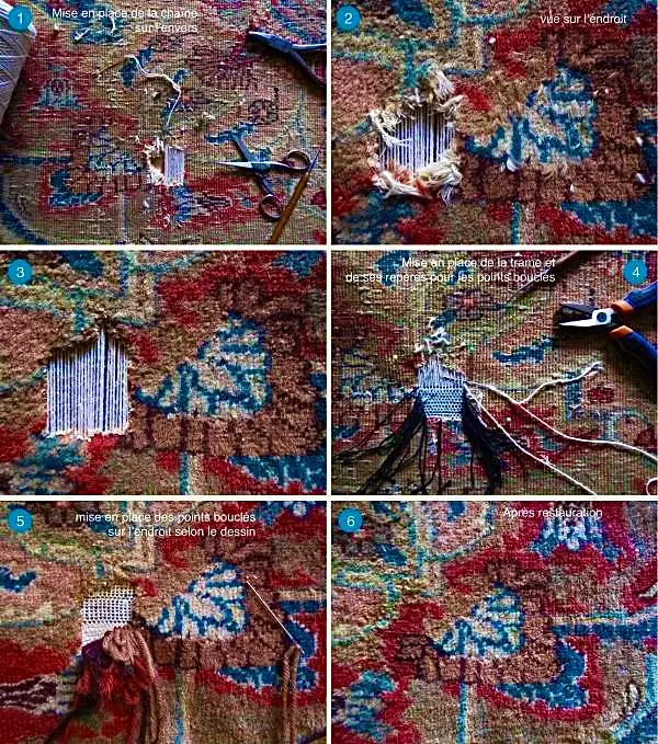 Planche de six photos détaillant la restauration d'un tapis : trame, nouage et finition