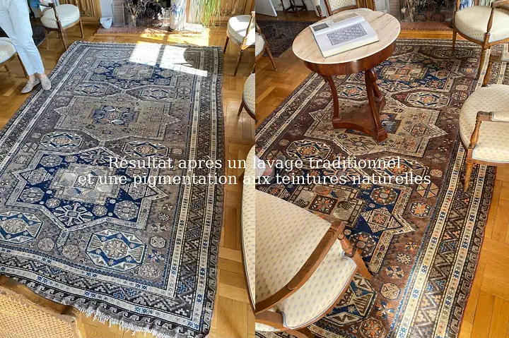 Tapis d'Orient reposé dans un salon après lavage traditionnel et pigmentation aux teintures naturelles